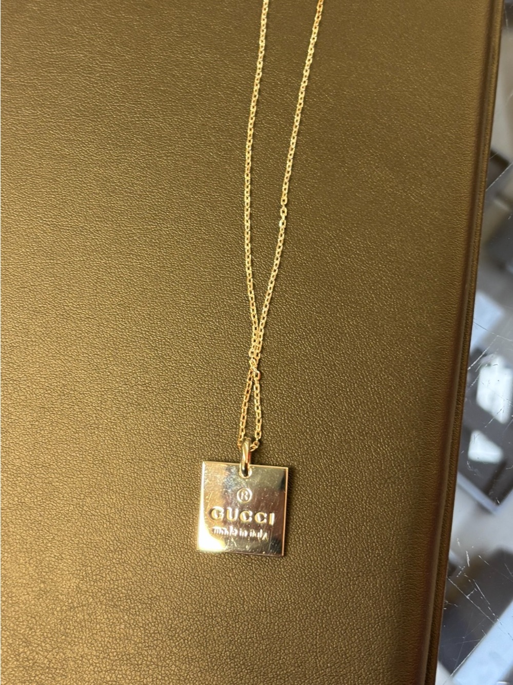 100 authentic Gucci Gold Square Logo Pendant Necklace